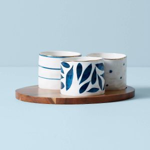 Blue Bay Snack Bowls with Wood Tray. Set of 3