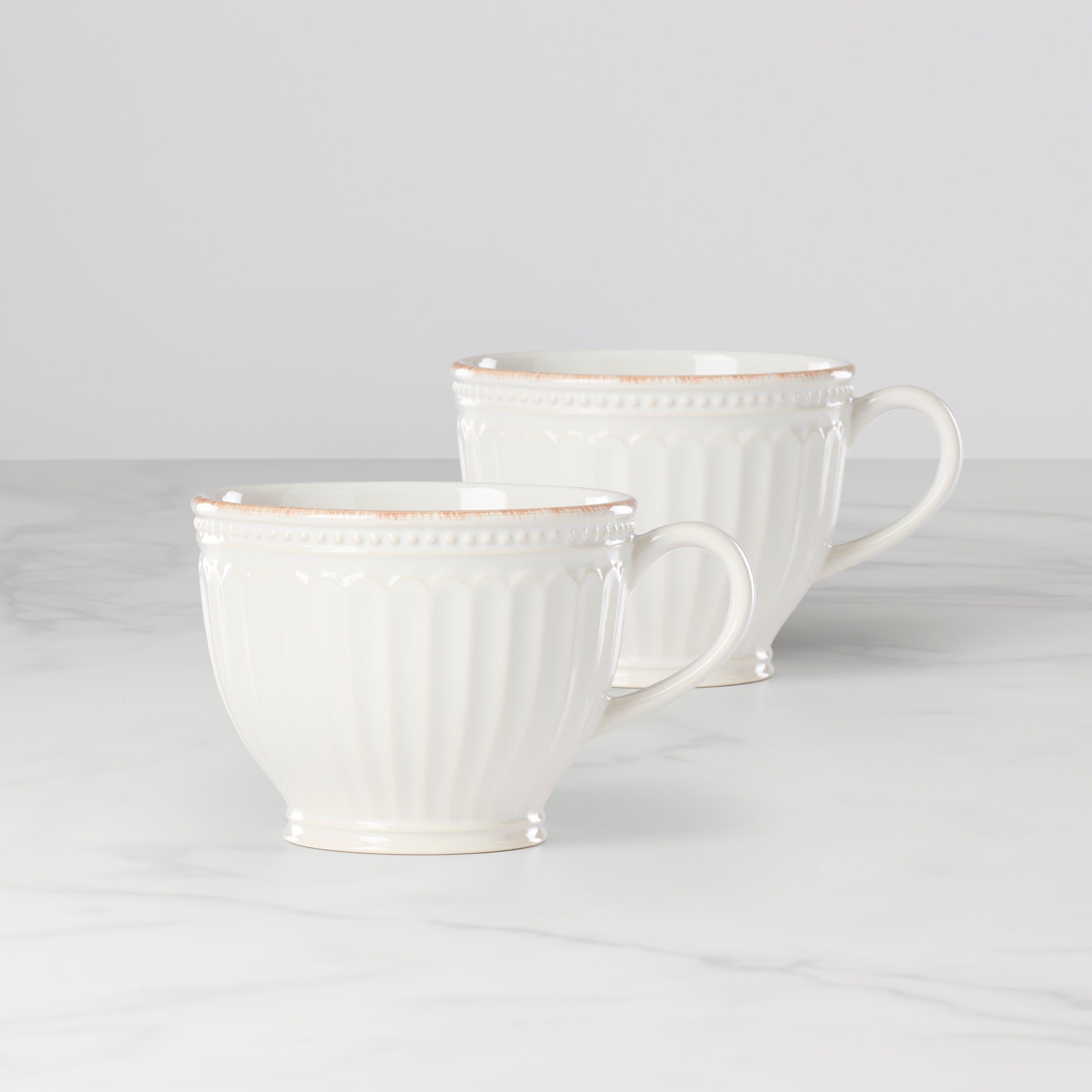 French Perle Groove White Latte Mugs. Set of 2