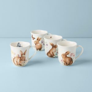 Butterfly Meadow Bunny Mugs. Set of 4