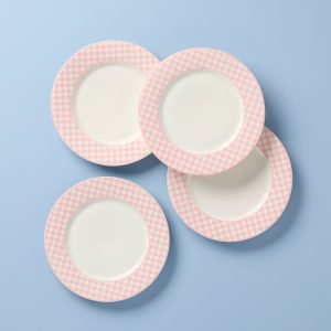 Gingham Pink Dinner Plates. Set of 4