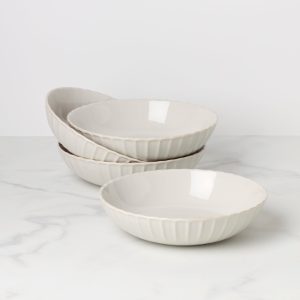 French Perle Scallop White Pasta Bowls. Set of 4