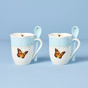 Butterfly Meadow Blue Mugs with Spoons. Set of 2