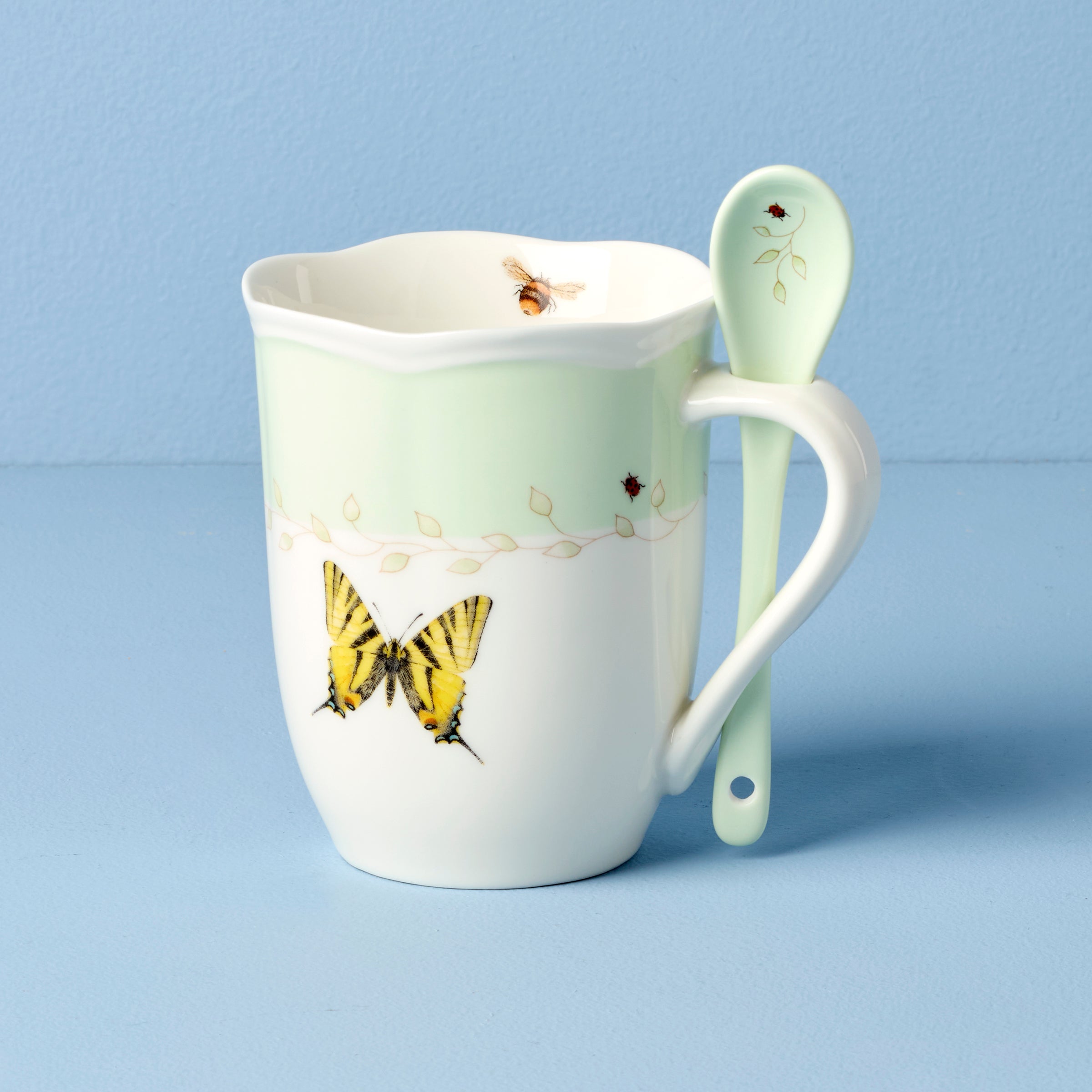 Butterfly Meadow Green Mugs with Spoons. Set of 2 - Image 3