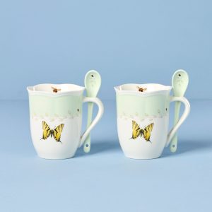 Butterfly Meadow Green Mugs with Spoons. Set of 2