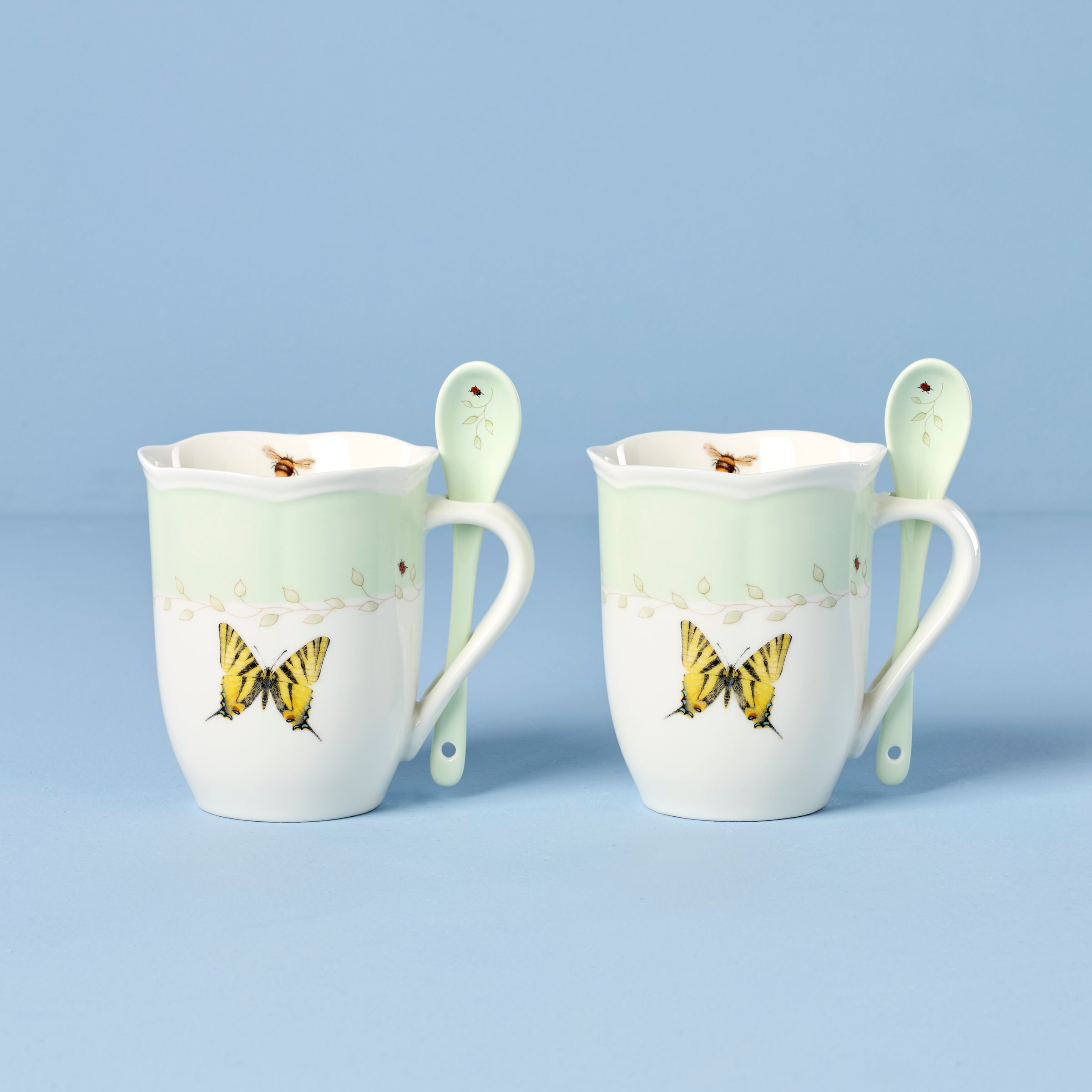 Butterfly Meadow Green Mugs with Spoons. Set of 2