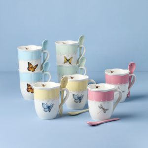 Butterfly Meadow Color Mugs with Spoons. Set of 8