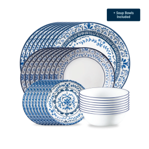 Corelle? Portofino Dinnerware Set ?C Service for 8 + Soup Bowls
