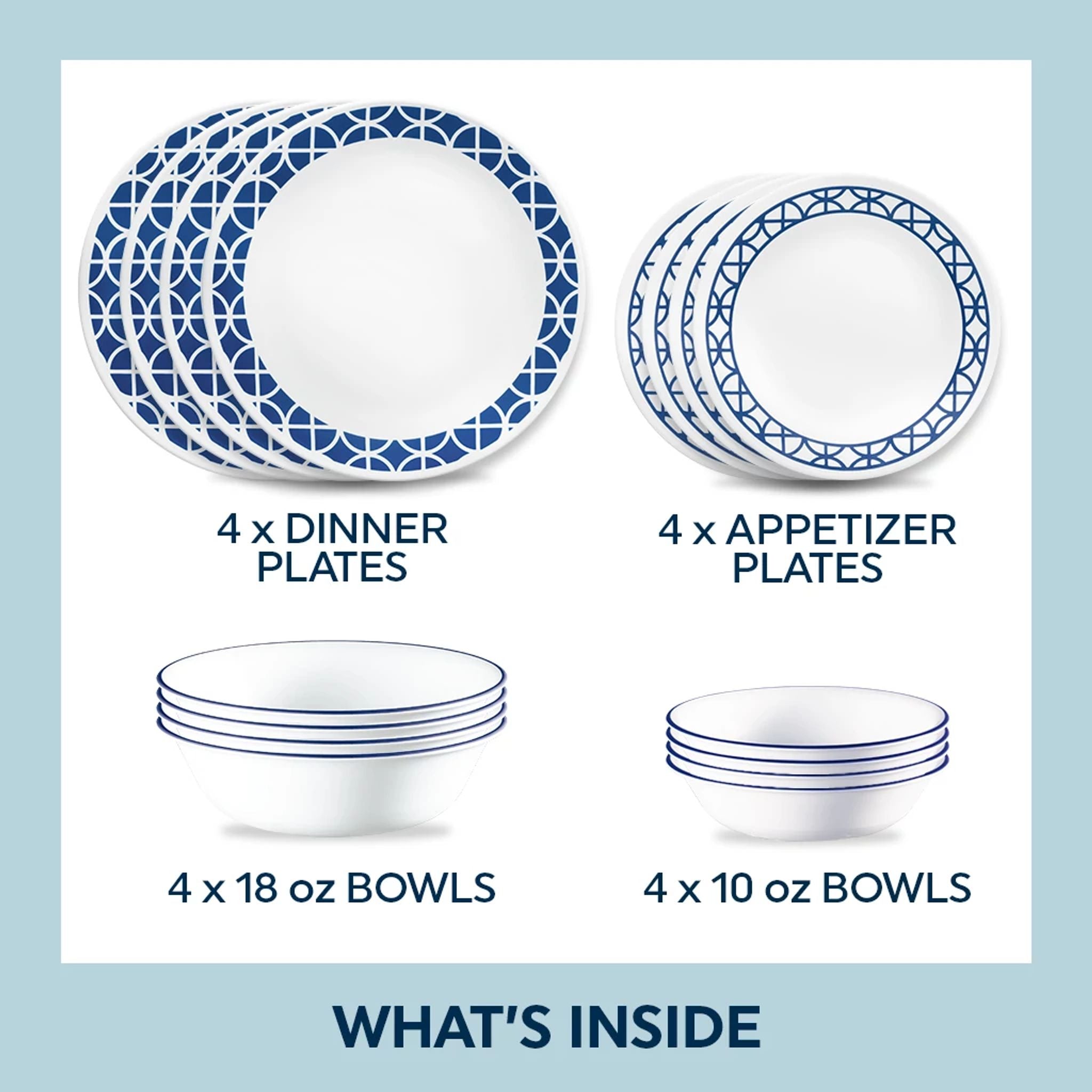 Corelle® Cobalt Circles 16-piece Mugless Dinnerware Set. Service for 4 - Image 2